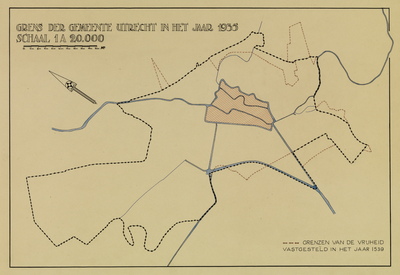 214193 Kaart van het grondgebied van de gemeente Utrecht; met aanduiding van de grens in 1935 en de afwijkingen daarvan ...